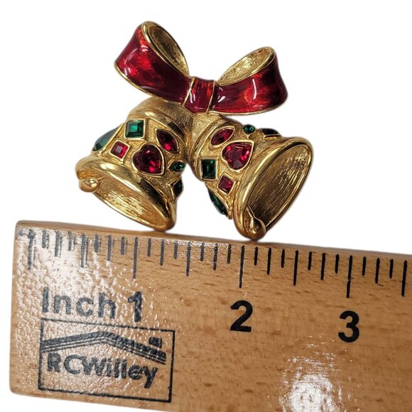 Vintage Bell Brooch With Red Bow & Rhinestones Gold-Tone Holiday Pin 2 Inches - Picture 3 of 4